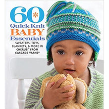 Load image into Gallery viewer, Book cover featuring a child wearing a blue and green knitted hat with text about quick knit baby essentials.
