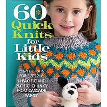 Load image into Gallery viewer, Book cover of '60 Quick Knits for Little Kids' with a child wearing a colorful knitted sweater against a teal background.
