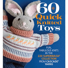 Load image into Gallery viewer, Book cover of '60 Quick Knitted Toys' with a knitted toy rabbit on a blue background
