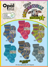 Load image into Gallery viewer, Opal Merino Wolle yarn and sock samples with a lamb illustration on a colorful background
